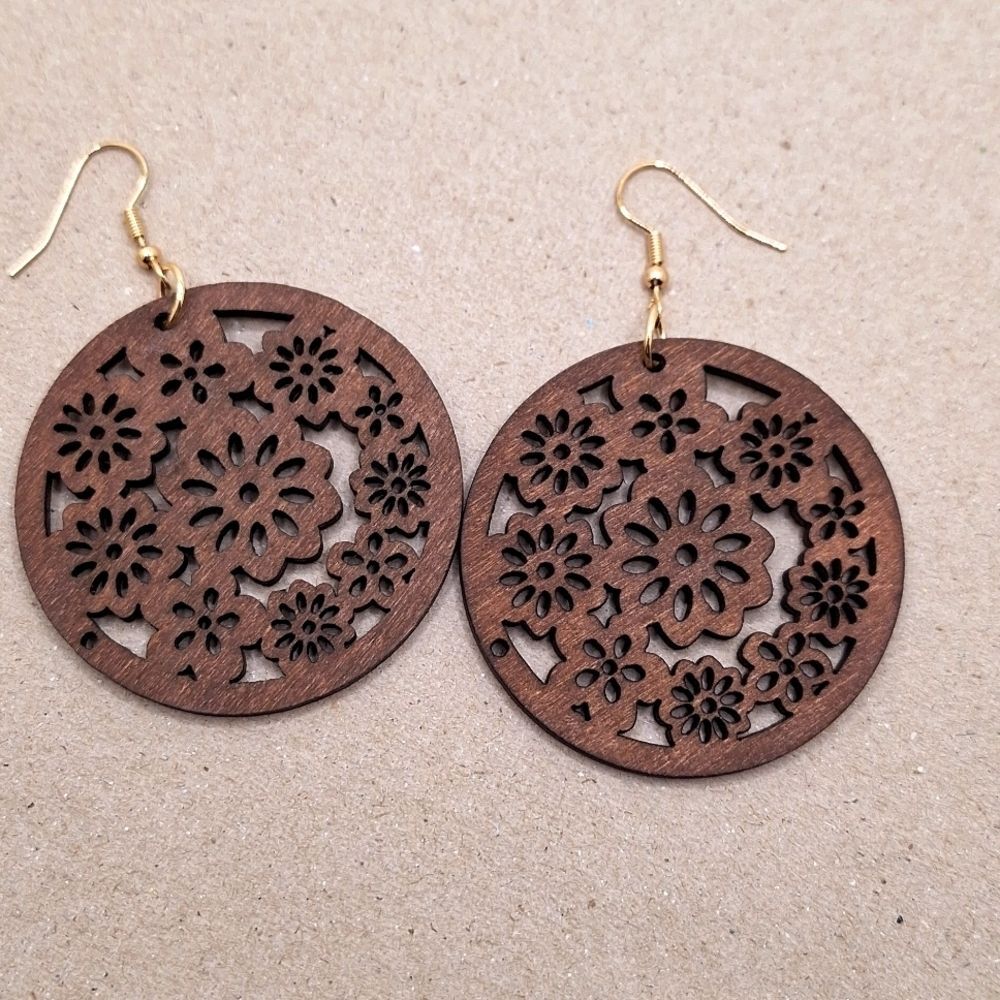 Brown wood Circle flower earrings hollowed stencil design